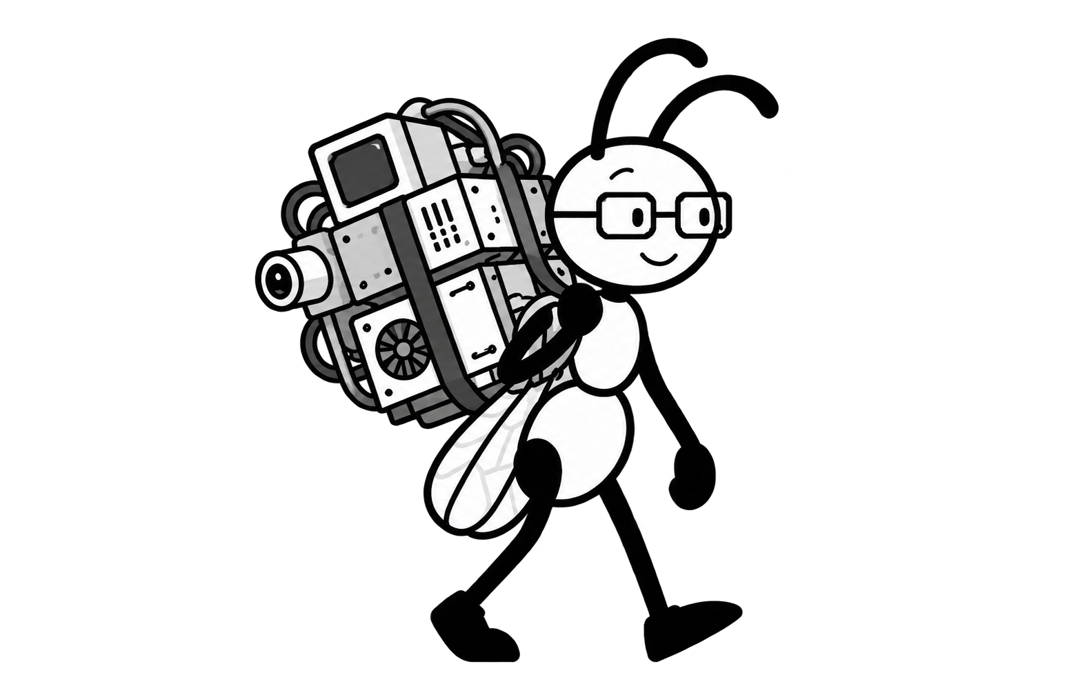 Anty carrying a strapped bundle of small machines over one shoulder