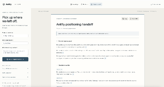 The Project handoff agent's dossier: background, decisions so far, documented work with owners, gaps, and a reading list