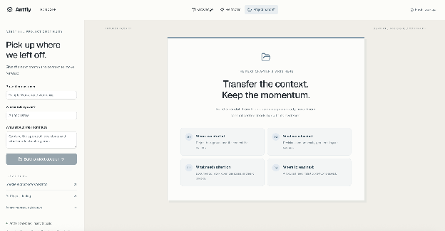 The Project handoff agent's empty form: project name, who is receiving it, and what the handoff should focus on