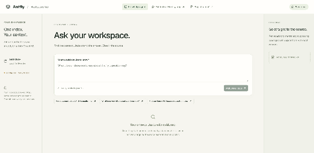The Knowledge agent's empty form: one question box, with example questions beneath it and the source panel waiting on the right