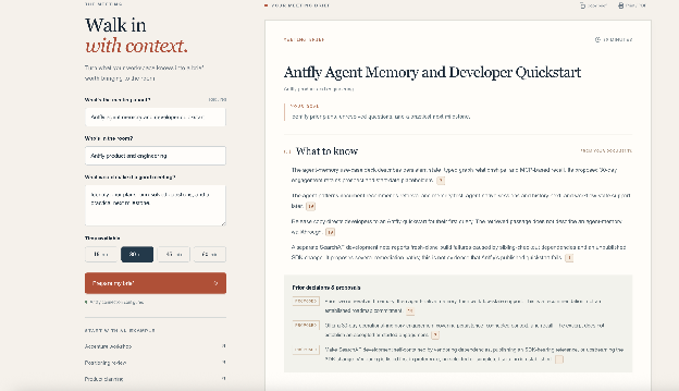 The Meeting prep agent's brief: what to know, prior decisions and proposals with status labels, gaps, and a suggested agenda