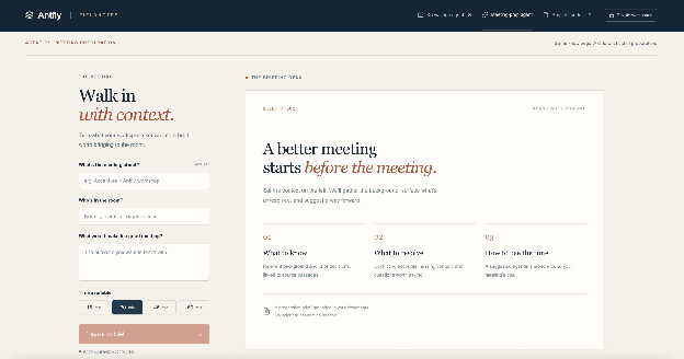 The Meeting prep agent's empty form: meeting topic, who is in the room, what a good outcome looks like, and time available