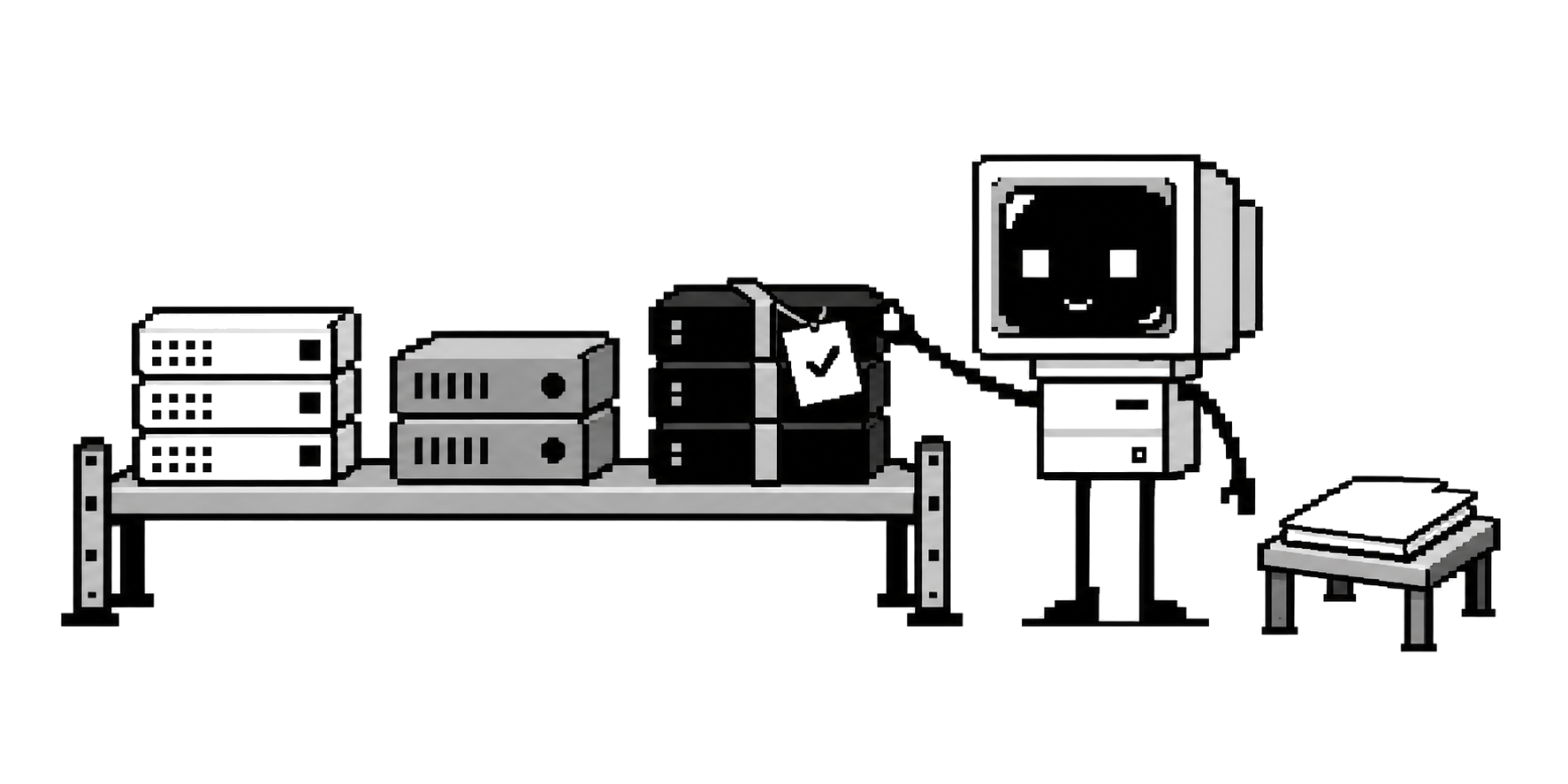 A CRT agent chooses a preselected equipment stack while project plans remain closed on a nearby stool.