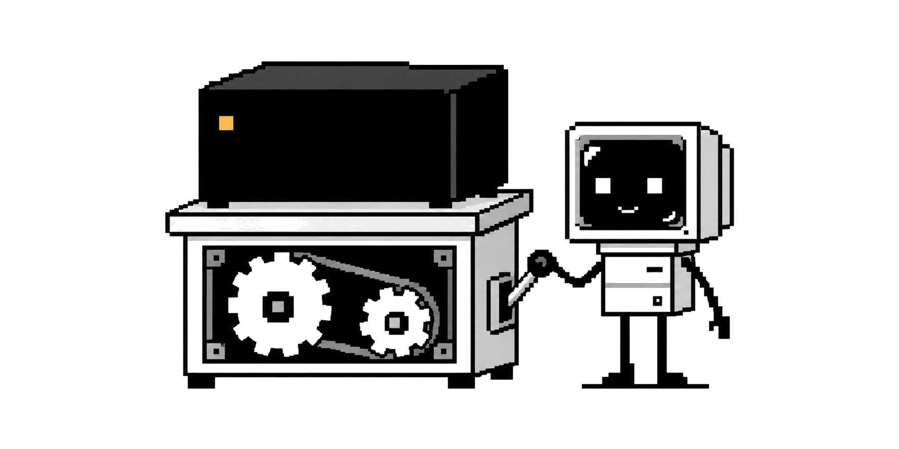 A CRT agent adjusts serving machinery beneath a sealed computing module.