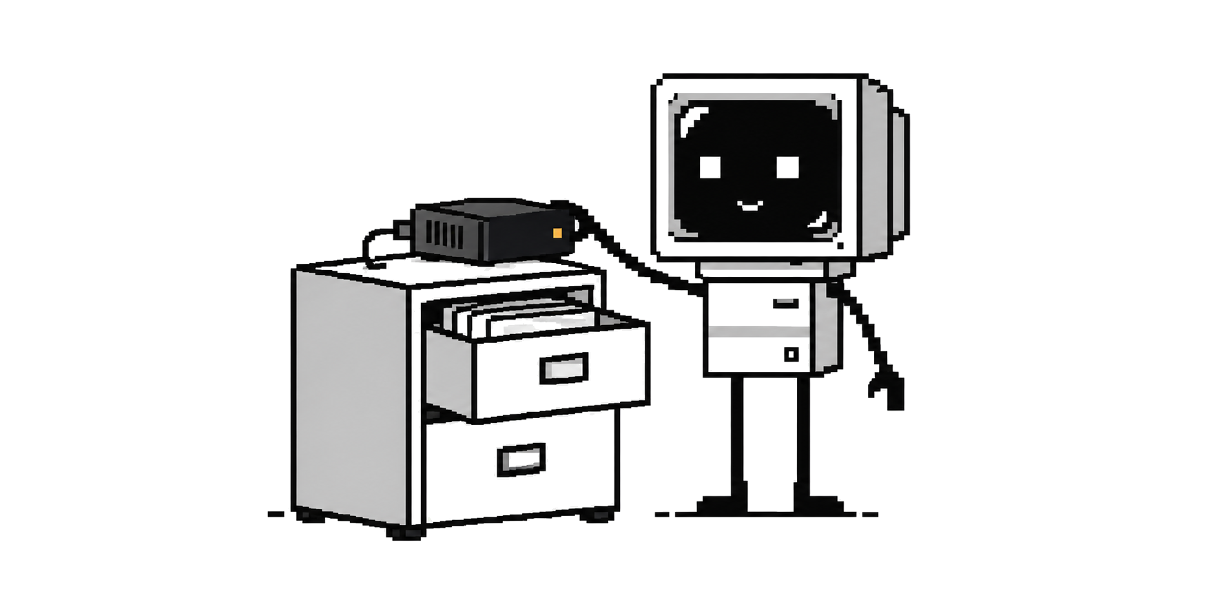 A CRT agent places a compact computing module beside files in a small cabinet.