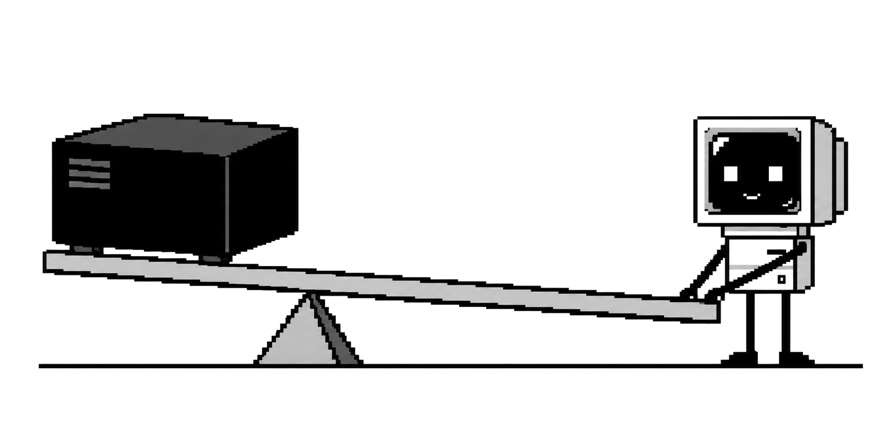 A CRT agent uses a long lever and triangular fulcrum to lift a heavy computing module.