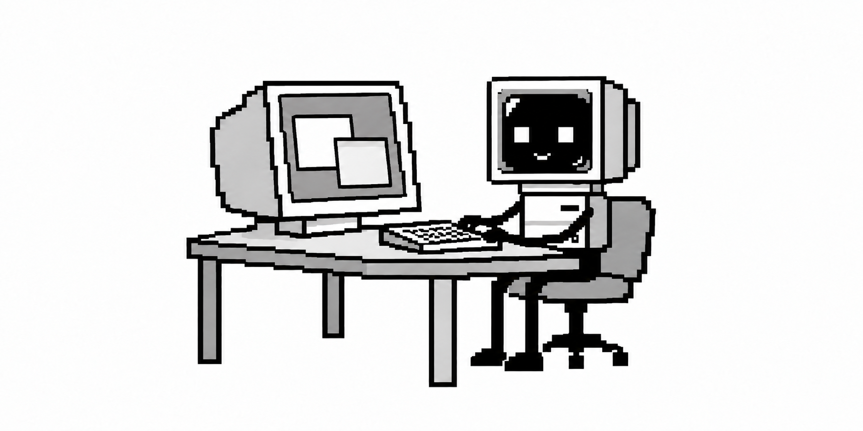 A CRT agent sits at a desk using a computer with two plain windows on its screen.