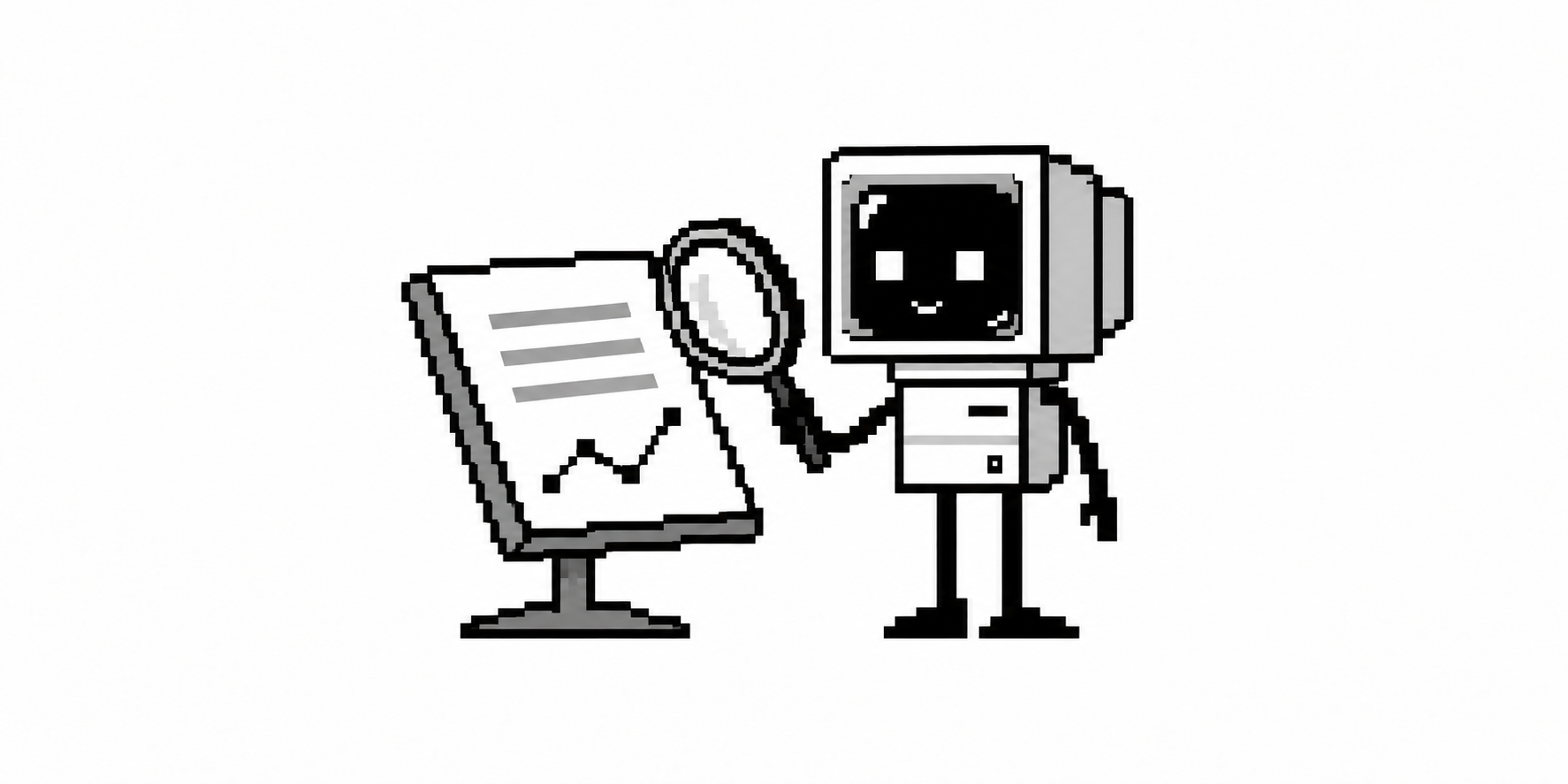 A CRT agent inspects a research page with a magnifying glass.