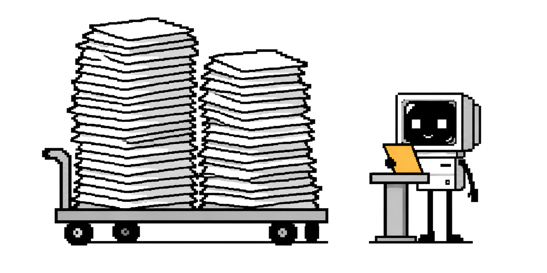 A CRT agent reviews one amber sheet beside a cart carrying towering stacks of documents.