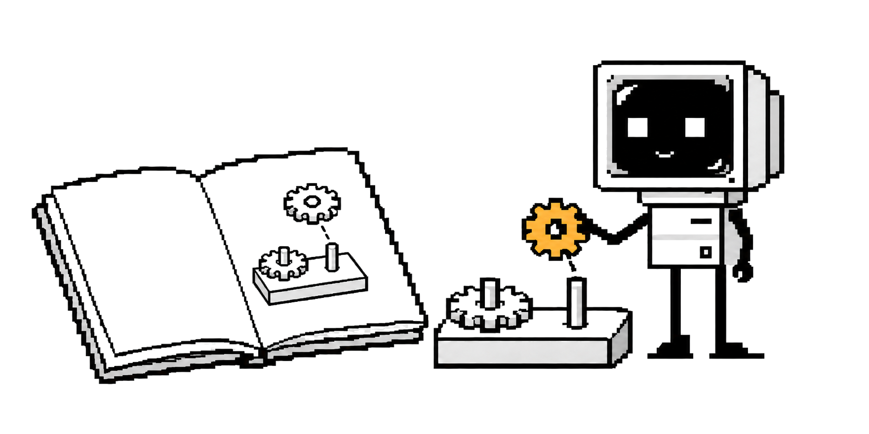 A CRT agent fits an amber gear onto a mechanism using a diagram on the right page of an open manual.