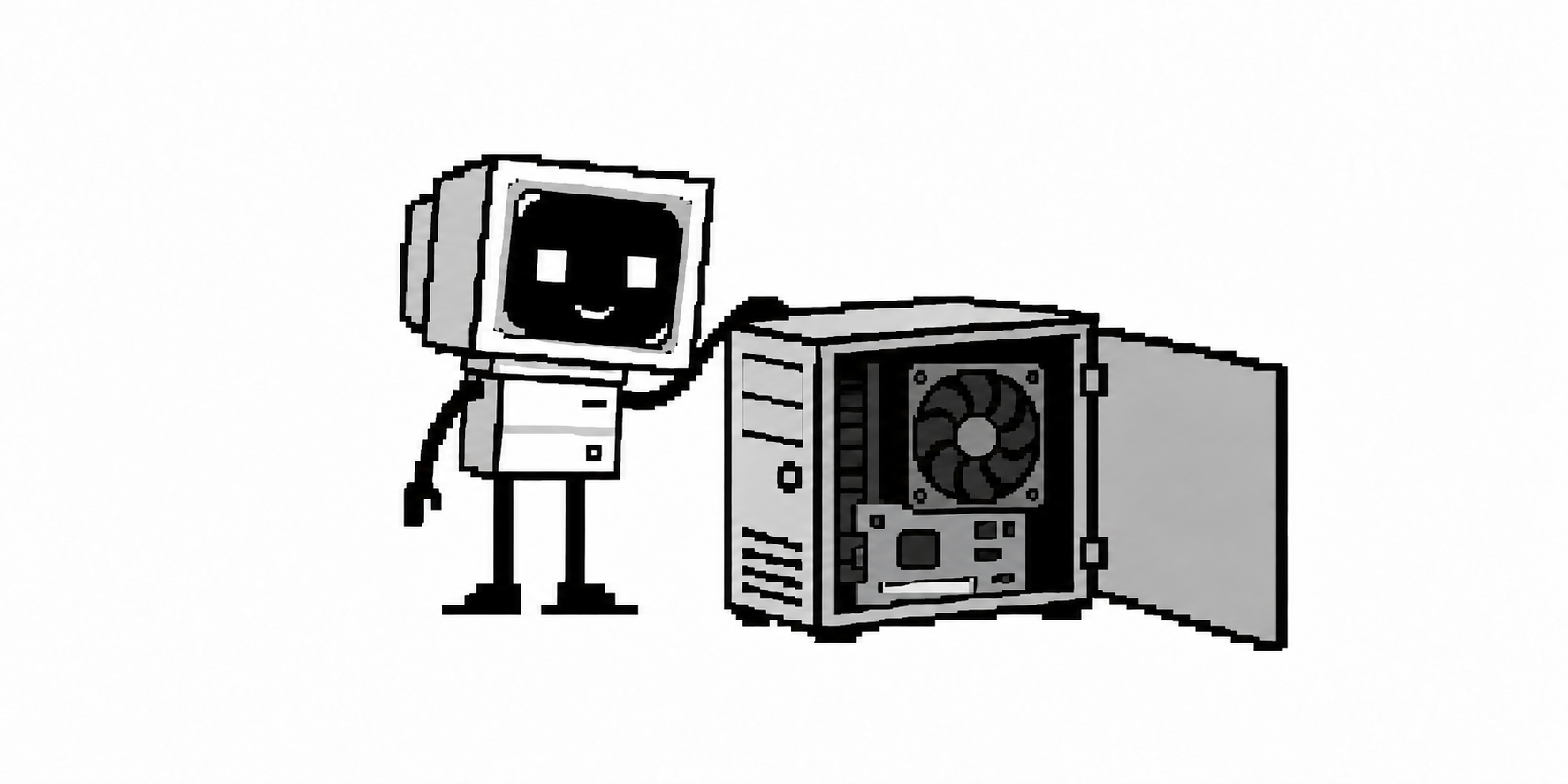 A CRT agent inspects a small computer with its side panel open.