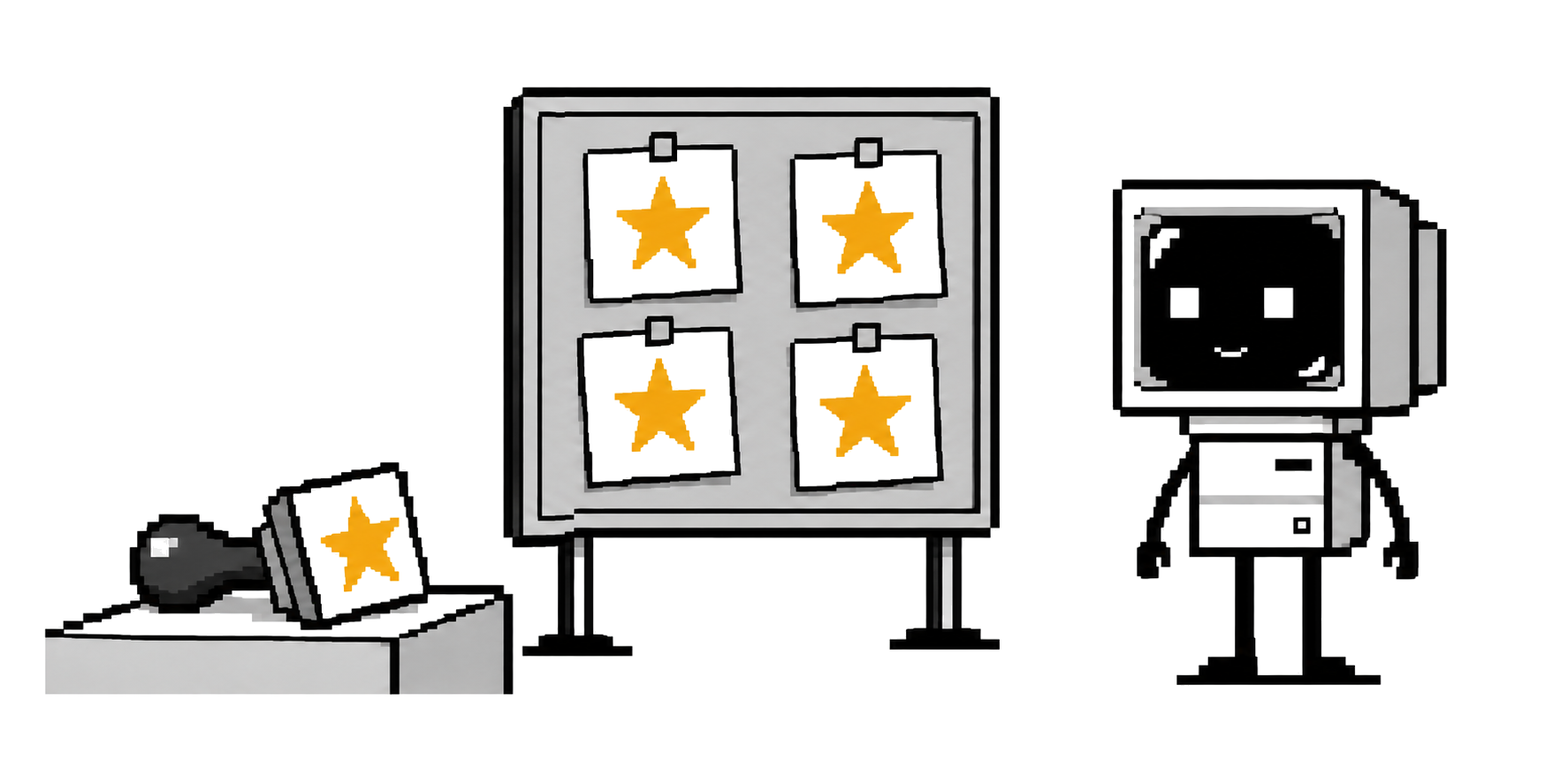 A CRT agent studies four gold-star notices beside a matching star stamp with a dark handle.