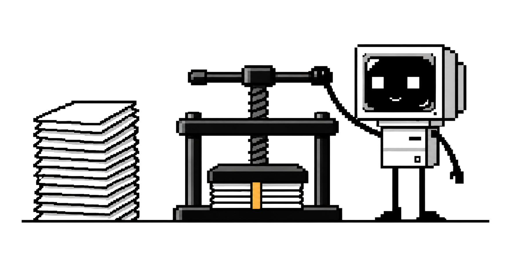 A CRT agent operates a press that compresses a tall stack of records into a compact bundle.