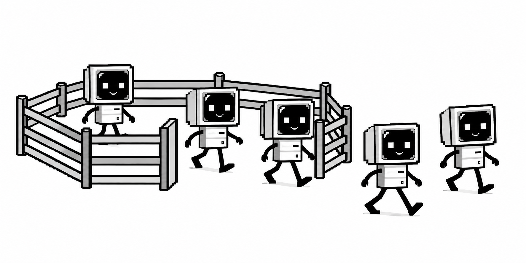 Five CRT agents spill out through the open gate of a small enclosure.