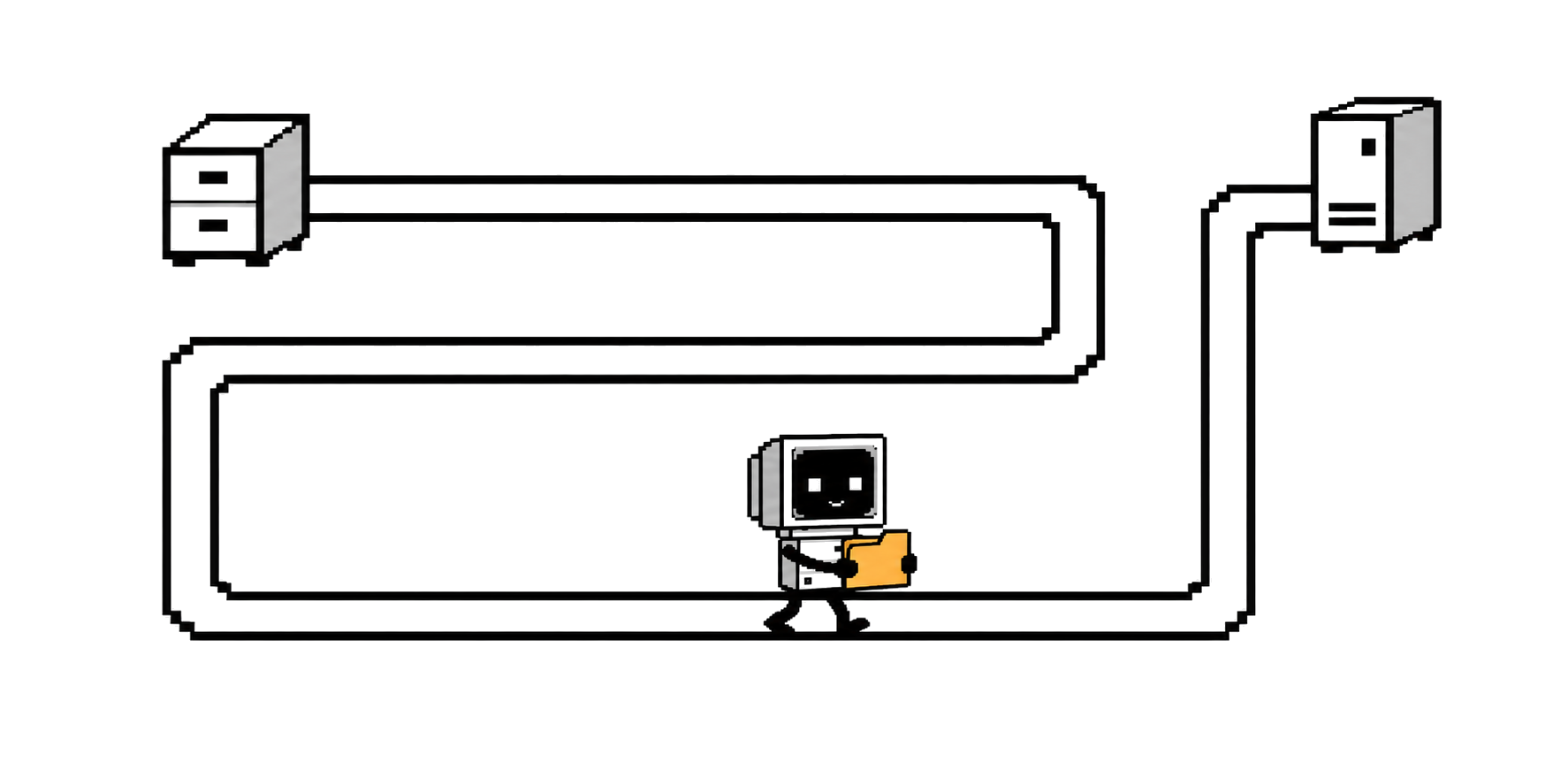 A CRT agent carries an amber folder along a long winding path between storage and a computer.