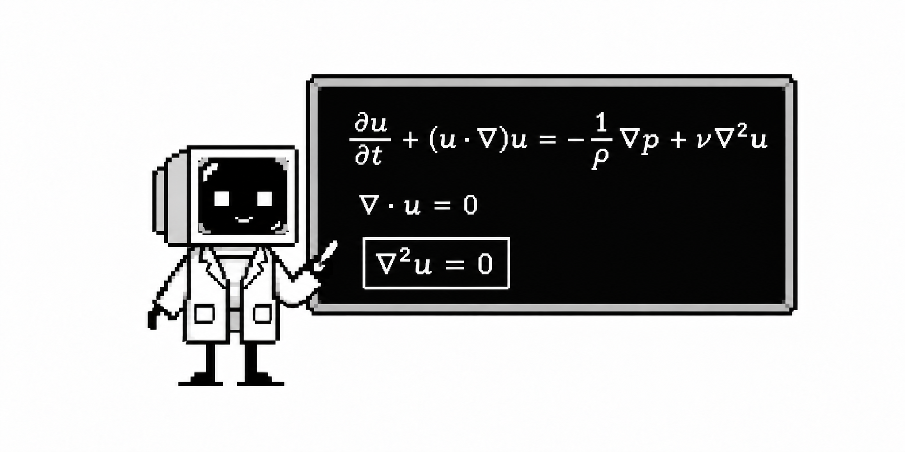 A CRT agent in a white lab coat holds chalk beside a blackboard of fluid equations.
