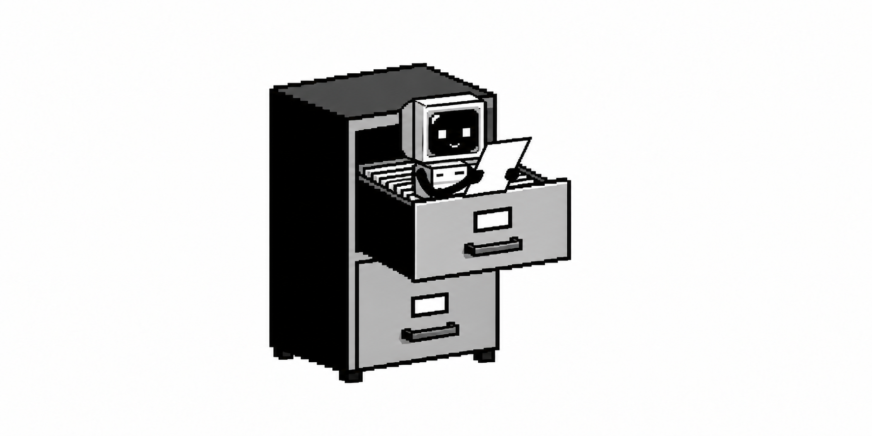 A small CRT agent sorts a sheet of paper from inside an open filing-cabinet drawer.