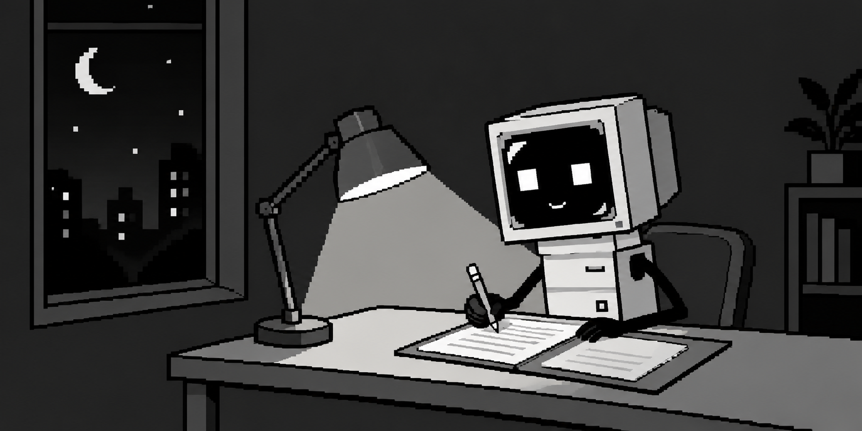 A CRT-headed agent writes in an open folder under a desk lamp, with a moonlit city outside the window.