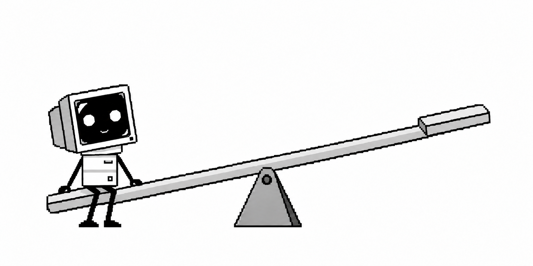 Dot sits alone on the low end of a teeter-totter; the raised seat opposite her is empty.