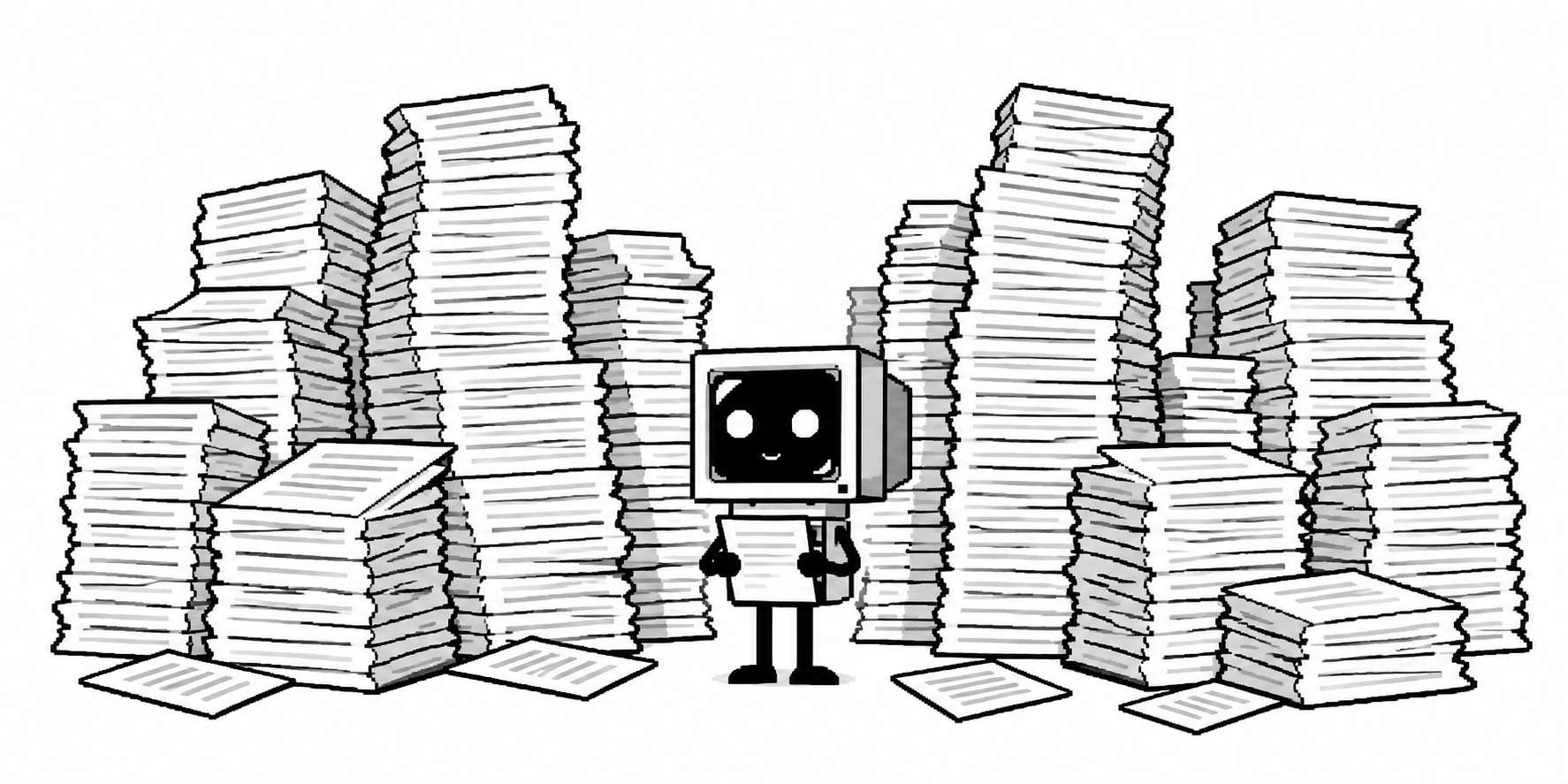 Dot holds one more sheet amid towering piles of generated pages.