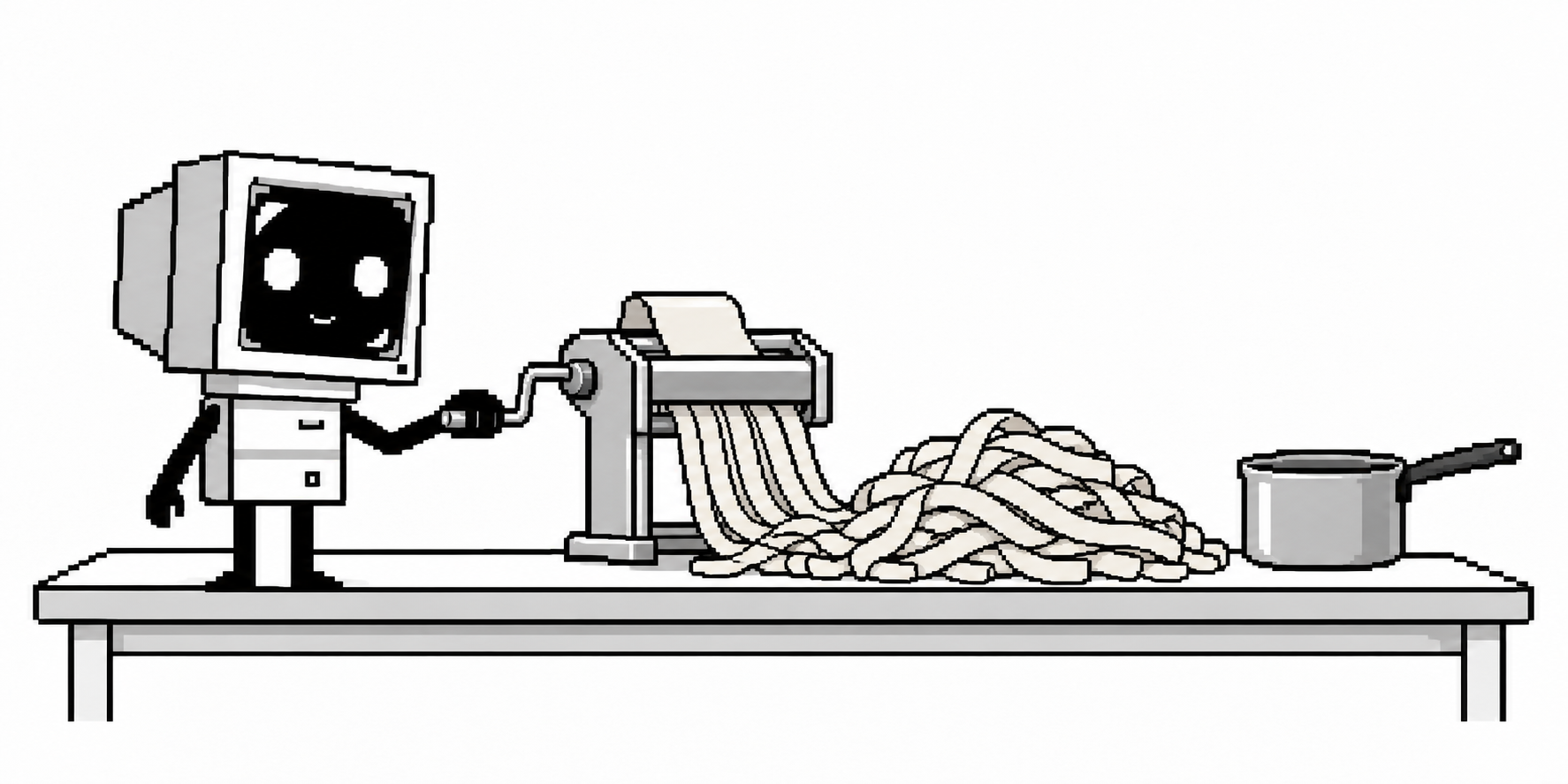 Dot cranks out fresh pasta faster than the small waiting saucepan can handle.