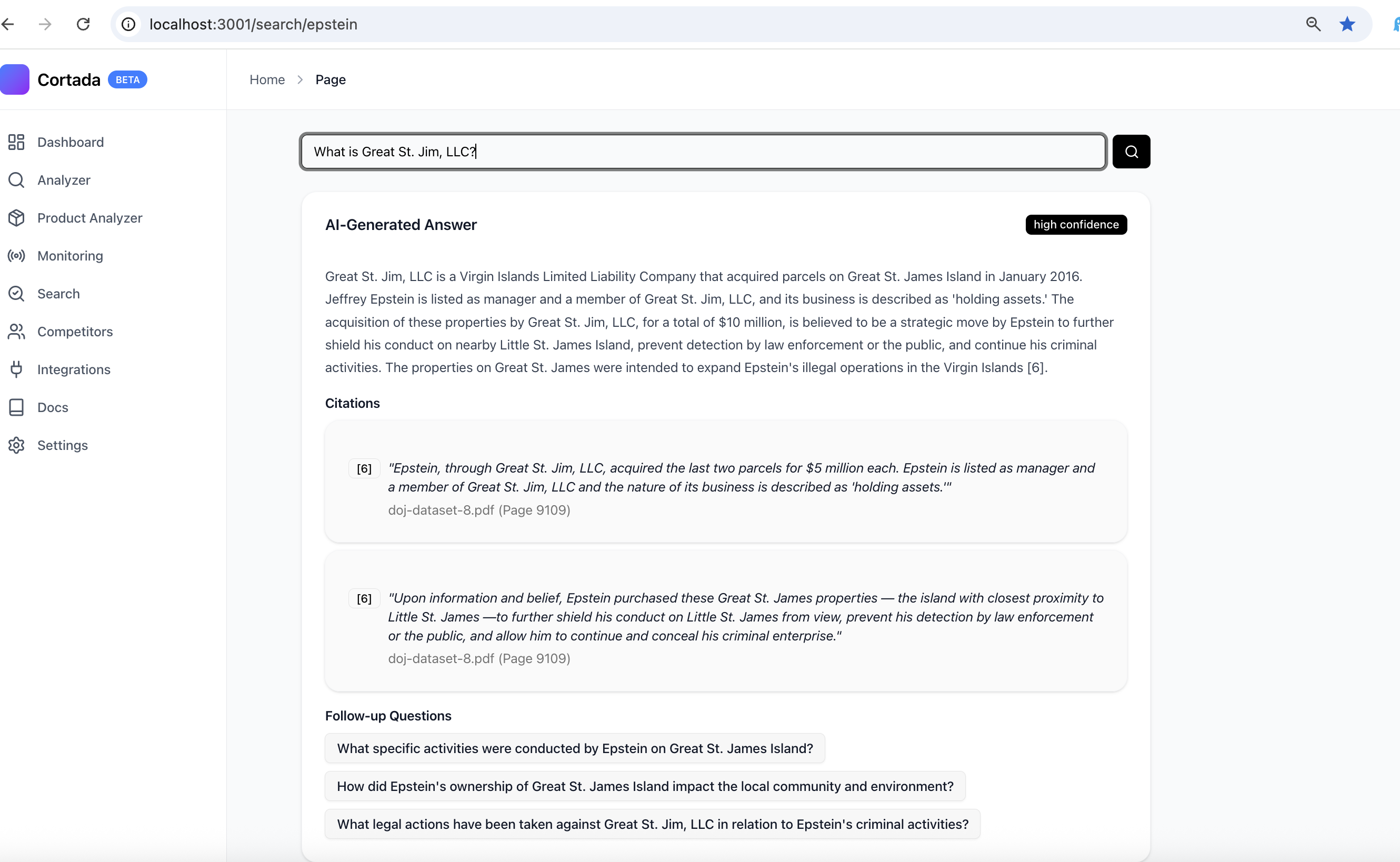 Same query in the SearchAF dashboard showing cited answer with follow-up questions