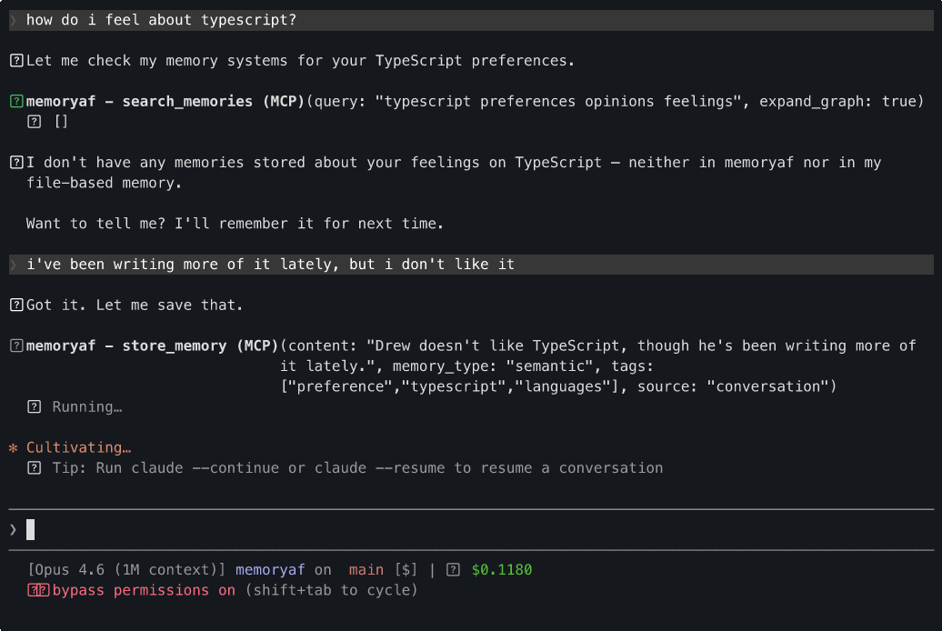 Storing a memory via the memoryaf MCP server in Claude Code